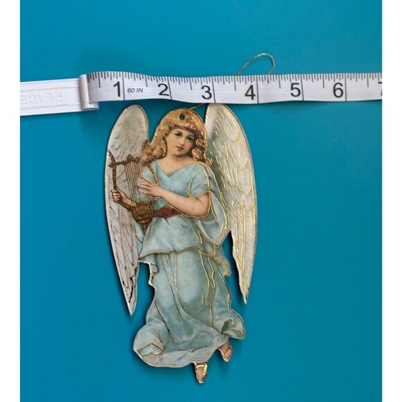 Vintage Victorian Angel Christmas Ornament Embossed Gold Detail Harp DoubleSided - Picture 5 of 5